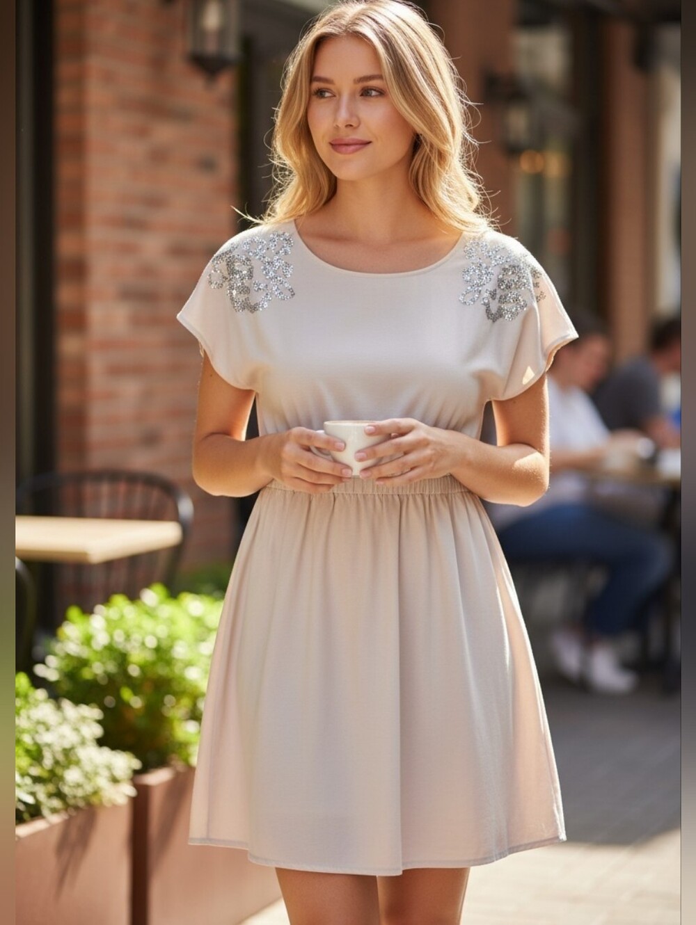 Express Cream Short-Sleeve Pockets Embellished Waist Dress Size